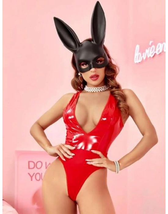 Parlak Kırmızı Deri Fantezi Babydoll