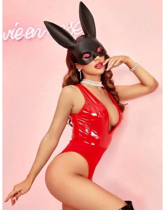 Parlak Kırmızı Deri Fantezi Babydoll