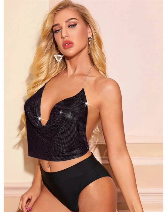 Parlak Siyah Crop & Bluz Kolsuz Kayık Yaka Zırh Büstiyer