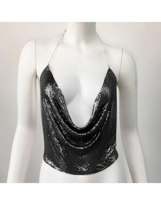 Parlak Siyah Crop & Bluz Kolsuz Kayık Yaka Zırh Büstiyer