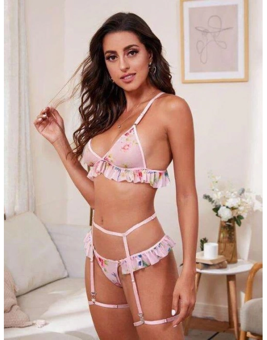 Pembe Çiçek Desen Fırfırlı Fantezi Jartiyer Takım