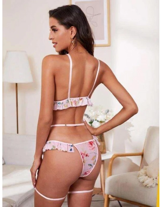 Pembe Çiçek Desen Fırfırlı Fantezi Jartiyer Takım