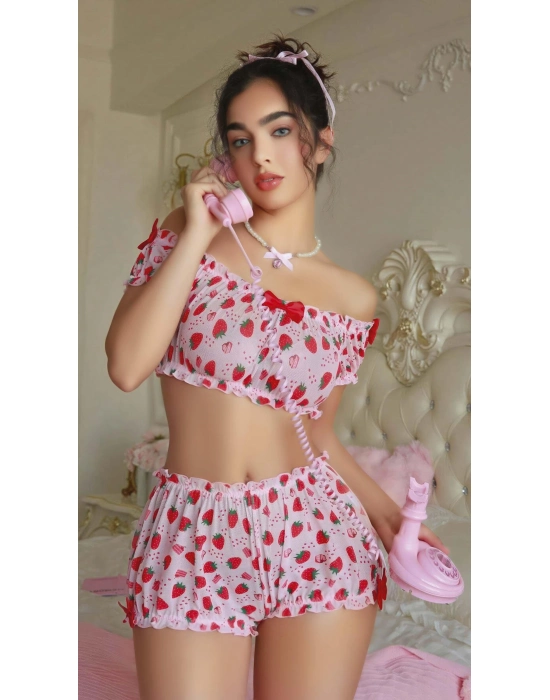 Pembe Çilek Desenli Şortlu Fantezi Sütyen Takımı