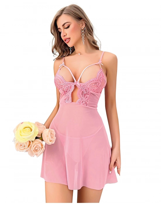 Pembe Dantel İşlemeli Göğüs İp Detaylı Fantezi Tül Gecelik Takımı