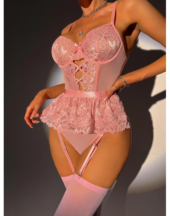 Pembe Dantel İşlemeli Kalp Desenli Fantezi Jartiyer Takımı