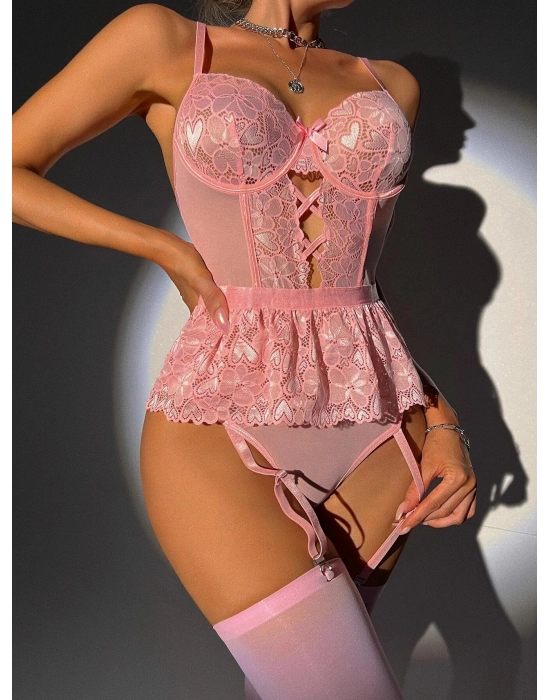 Pembe Dantel İşlemeli Kalp Desenli Fantezi Jartiyer Takımı