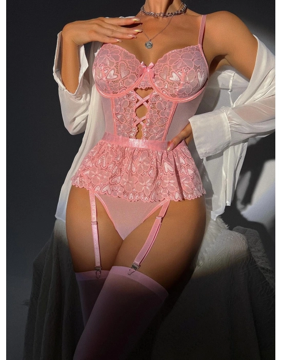 Pembe Dantel İşlemeli Kalp Desenli Fantezi Jartiyer Takımı