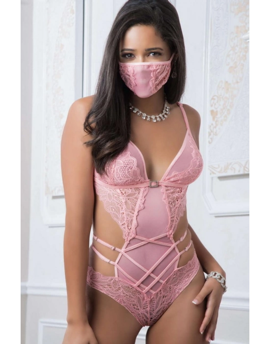 Pembe Dantel İşlemeli Maskeli Fantezi Body