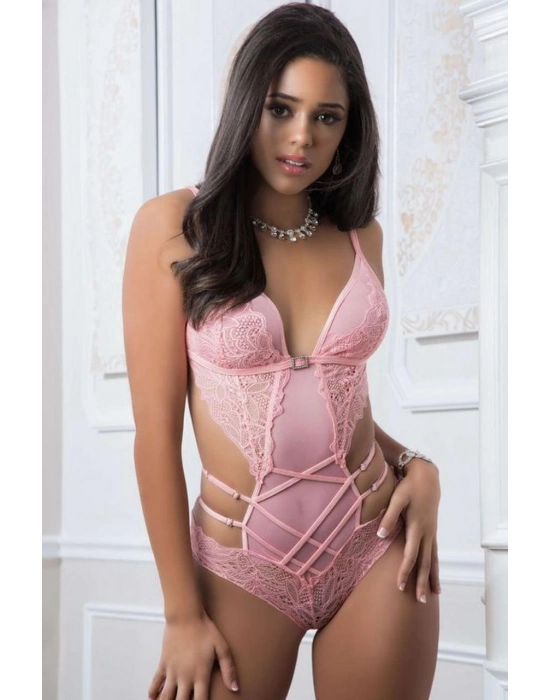 Pembe Dantel İşlemeli Maskeli Fantezi Body