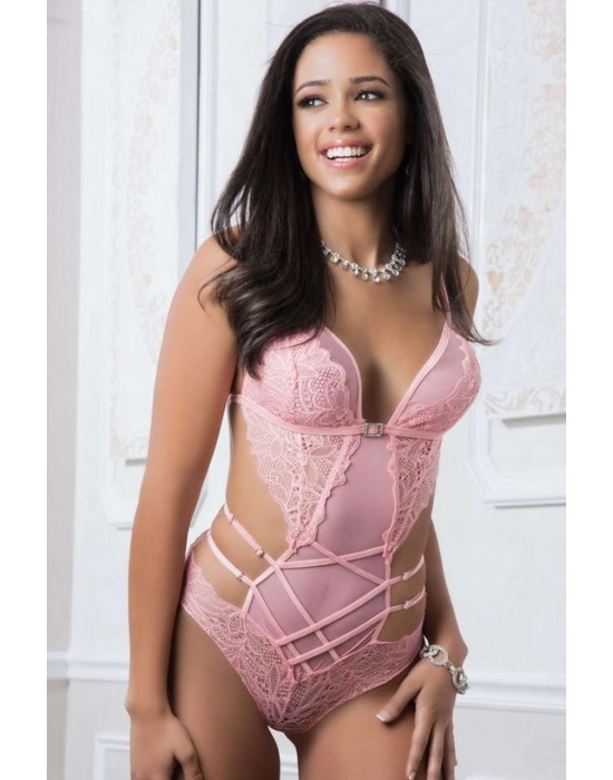 Pembe Dantel İşlemeli Maskeli Fantezi Body