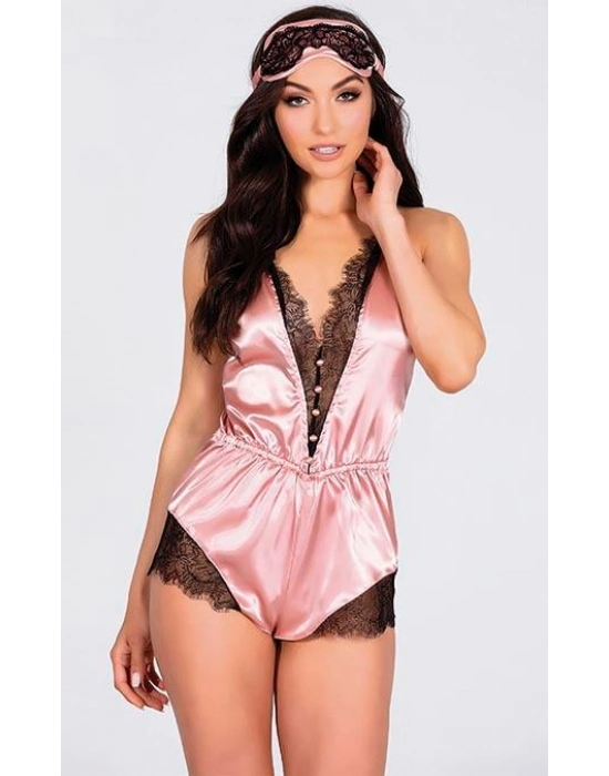 Pembe Dantelli Sırtı Çapraz Saten Şort Tulum