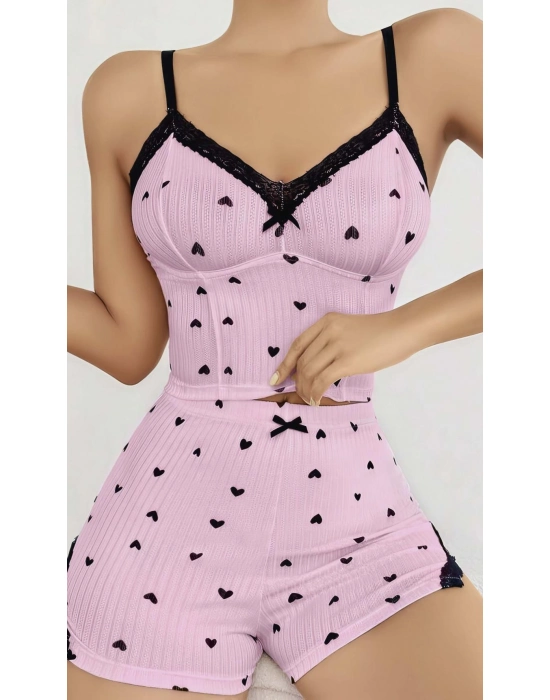 Pembe Kalp Desenli Askılı Şortlu Pijama Takım