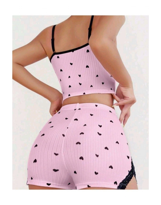 Pembe Kalp Desenli Askılı Şortlu Pijama Takım