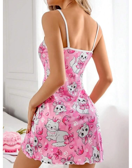 Pembe Kedi Desenli Fantezi Gecelik