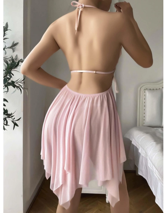 Pembe Kelebek İşlemeli Tül Fantezi Gecelik