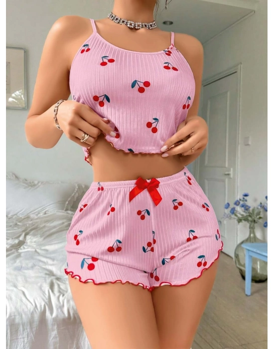 Pembe Kiraz Desenli Askılı Şortlu Pijama