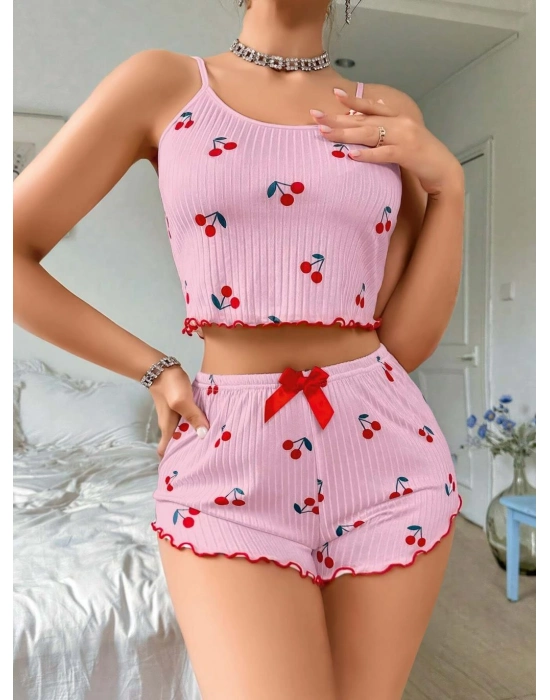 Pembe Kiraz Desenli Askılı Şortlu Pijama