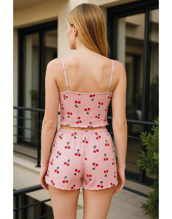 Pembe Kiraz Desenli Kurdelalı Askılı Şortlu Pijama Takımı