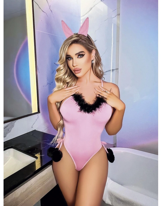 Pembe Siyah Ponponlu Fantezi Tavşan Kostümü