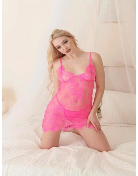 Pembe Transparan Dantel Fantezi Gecelik