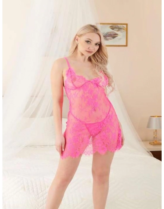 Pembe Transparan Dantel Fantezi Gecelik