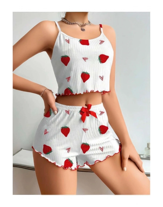 Penye Kumaş Çilek Desen Beyaz Şortlu Takım