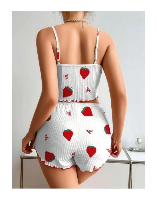 Penye Kumaş Çilek Desen Beyaz Şortlu Takım