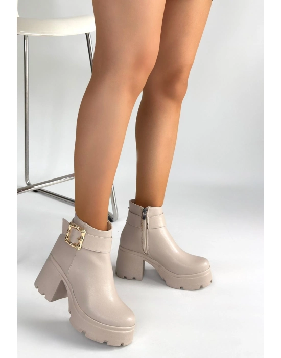 Pinma Bej Cilt Topuklu Bot - Bamido
