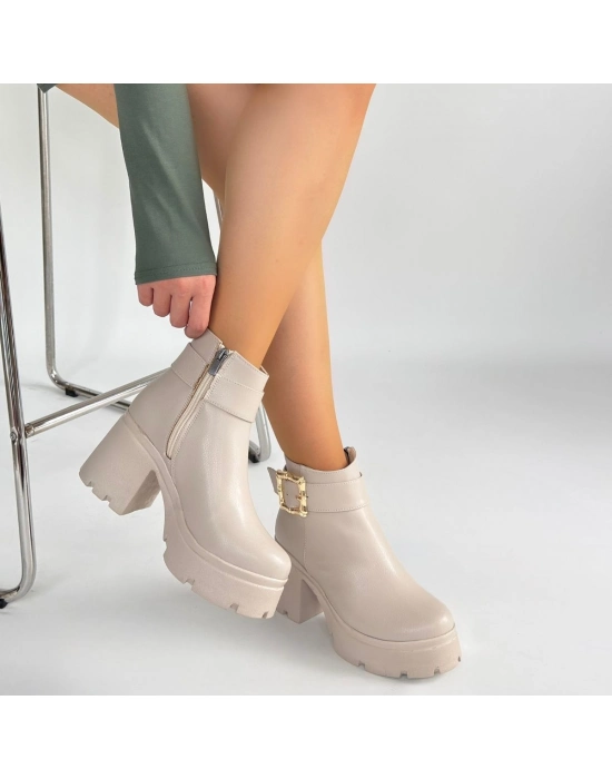 Pinma Bej Cilt Topuklu Bot - Bamido