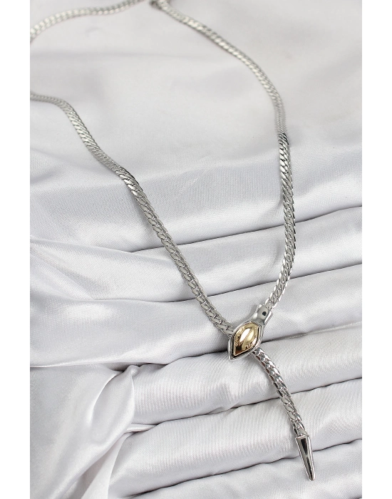 Pirinç Asansörlü Yılan Model Gümüş Renk Kadın Kolye - Bamido