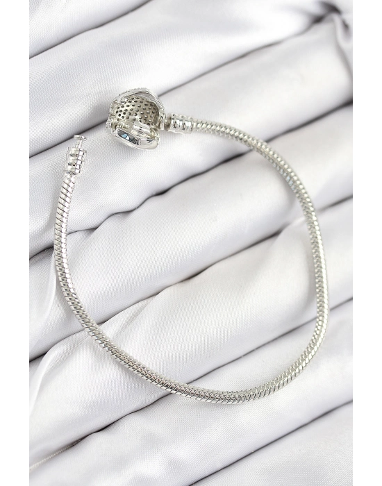 Pirinç Charm Zirkon Taşlı Kalp Model Gümüş Renk Kadın Bileklik - Bamido