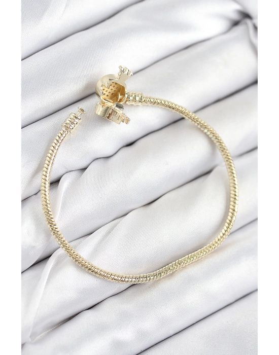 Pirinç Charm Zirkon Taşlı Taç Model Gold Renk Kadın Bileklik - Bamido