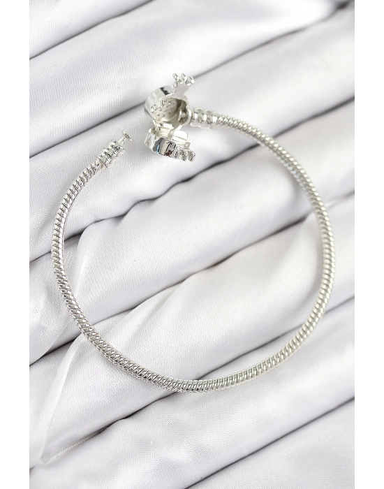 Pirinç Charm Zirkon Taşlı Taç Model Gümüş Renk Kadın Bileklik - Bamido