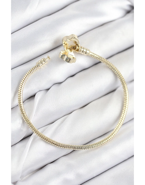 Pirinç Charm Zirkon Taşlı Yonca Model Gold Renk Kadın Bileklik - Bamido