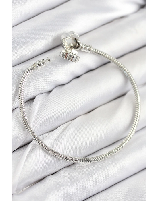 Pirinç Charm Zirkon Taşlı Yonca Model Gümüş Renk Kadın Bileklik - Bamido