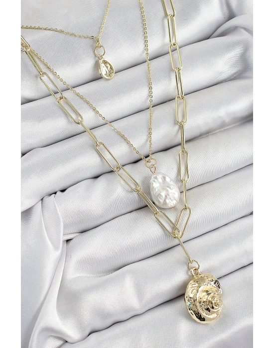 Pirinç Çoklu Zincirli İncili Deniz Kabuğu Model Gold Renk Kadın Kolye - Bamido