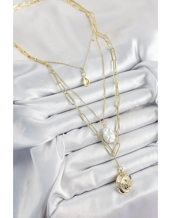 Pirinç Çoklu Zincirli İncili Deniz Kabuğu Model Gold Renk Kadın Kolye - Bamido