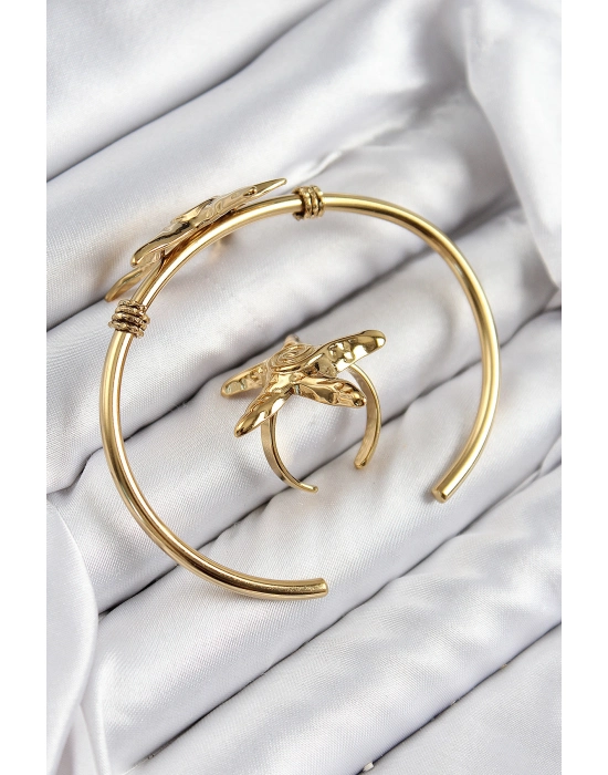 Pirinç Deniz Yıldızı Model Gold Renk Bileklik Yüzük Set - Bamido