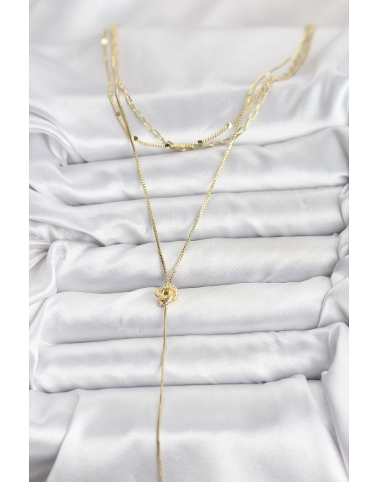 Pirinç Gold Renk Düğüm Model Detaylı 3lü Kombin Y Kadın Kolye - Bamido