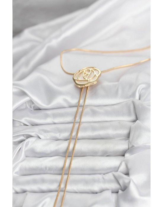 Pirinç Gold Renk Gül Model Asansörlü Kadın Kolye - Bamido