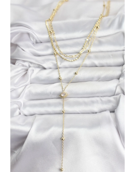 Pirinç Gold Renk Güneş Model Detaylı 3lü Kombin Y Kadın Kolye - Bamido