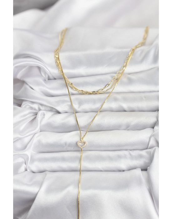 Pirinç Gold Renk Kalp Detaylı 3lü Kombin Y Kadın Kolye - Bamido