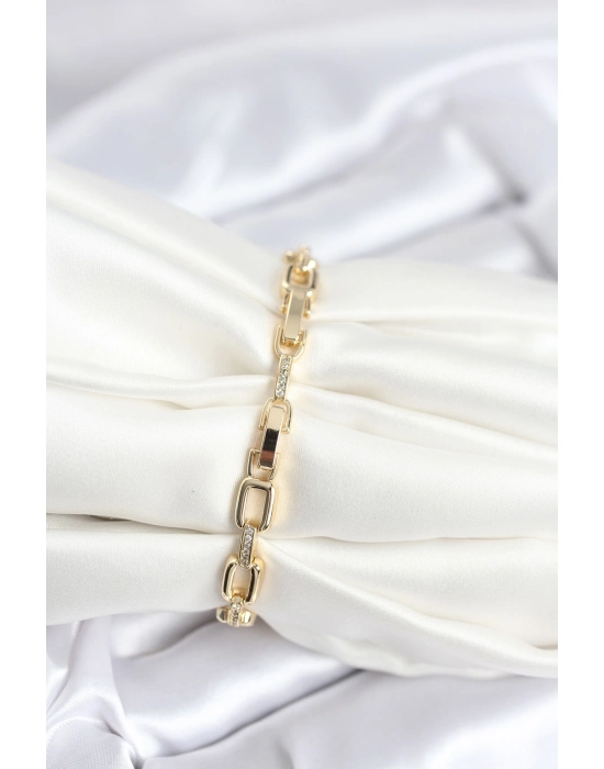 Pirinç Gold Renk Kare Zincir Model Zirkon Taşlı Kadın Bileklik - Bamido