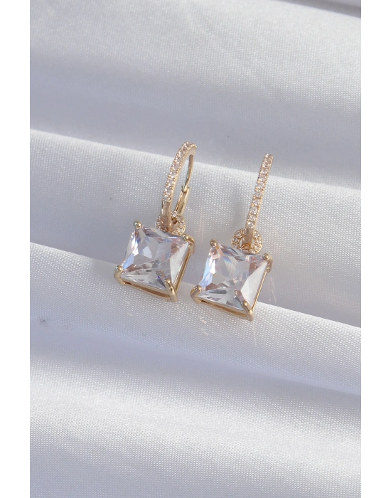 Pirinç Gold Renk Kare Zirkon Taşlı Halka Küpe - Bamido