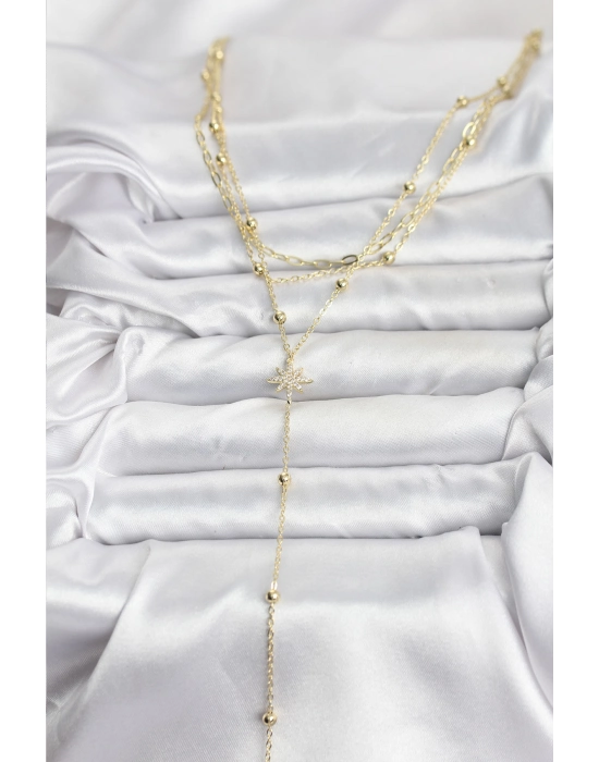 Pirinç Gold Renk Kutup Yıldızı Detaylı 3lü Kombin Kadın Kolye - Bamido