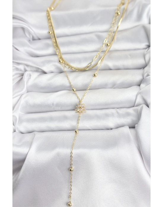 Pirinç Gold Renk Kutup Yıldızı Model Detaylı 3lü Kombin Y Kadın Kolye - Bamido