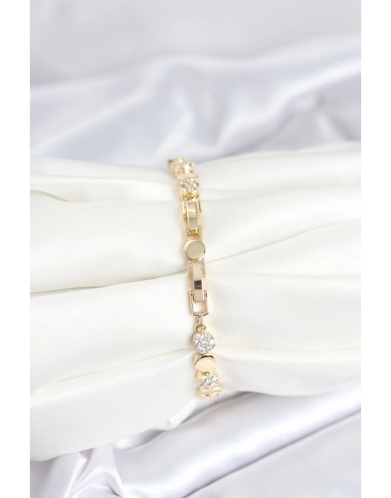 Pirinç Gold Renk Nokta Model Zirkon Taşlı Kadın Bileklik - Bamido