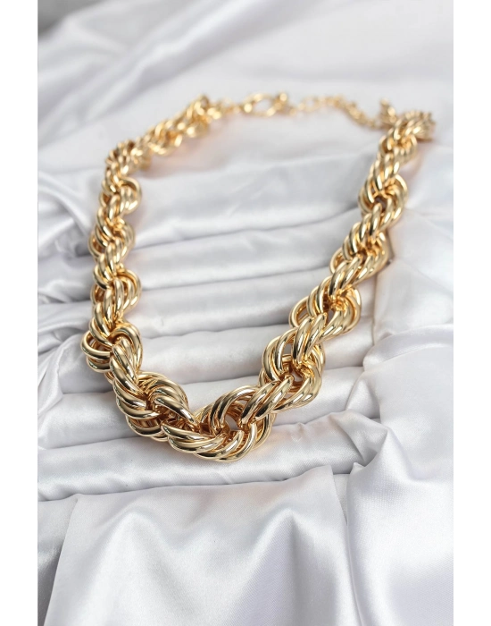Pirinç Gold Renk Sarmal Halat Model Kadın Kolye - Bamido