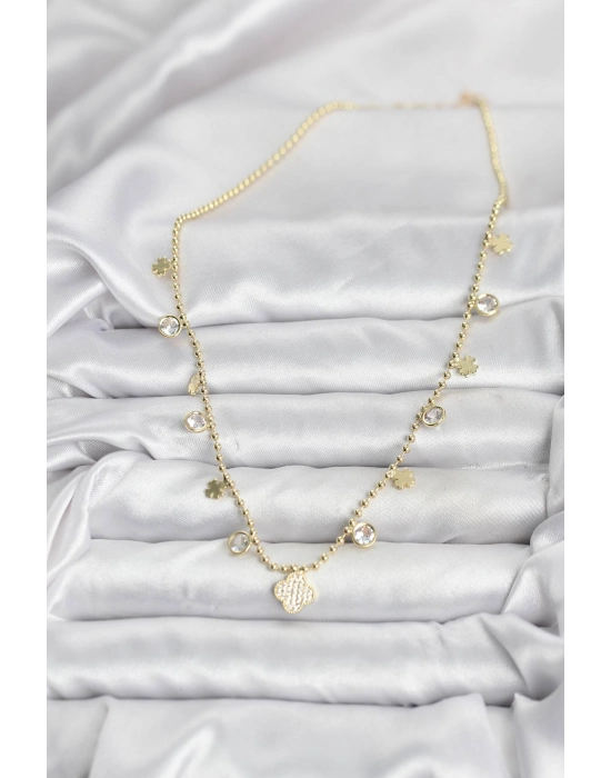 Pirinç Gold Renk Yonca Model Kadın Kolye - Bamido