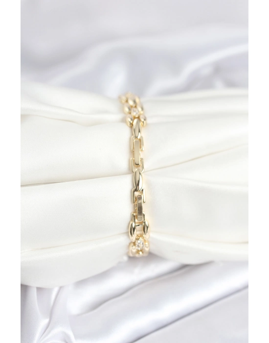 Pirinç Gold Renk Zincir Model Zirkon Taşlı Kadın Bileklik - Bamido